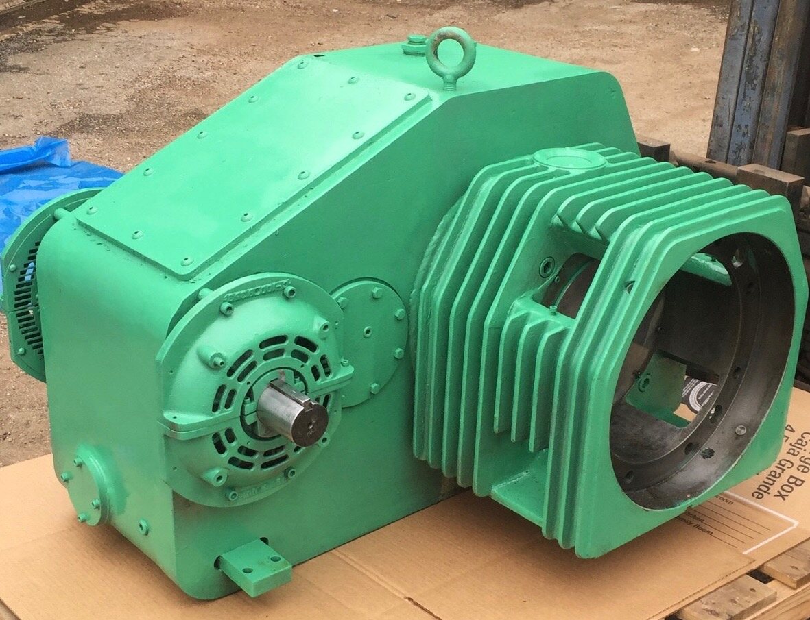 A fully rebuilt and freshly painted industrial gearbox ready to ship from the Solution Gear Co. shop in Houston, TX