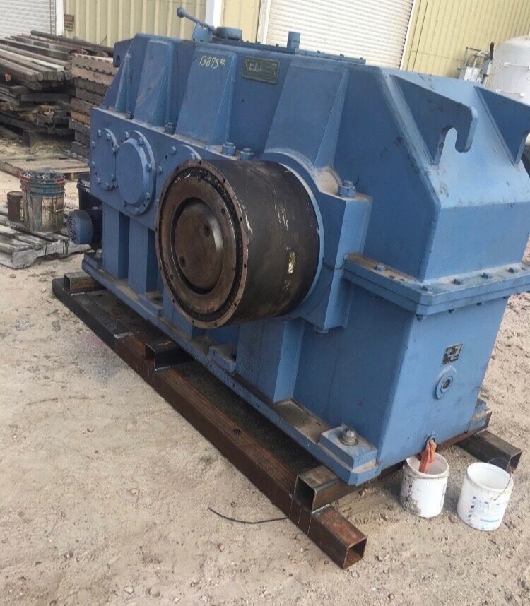 A large rebuilt mill gearbox on its stand in the Solution Gear shop